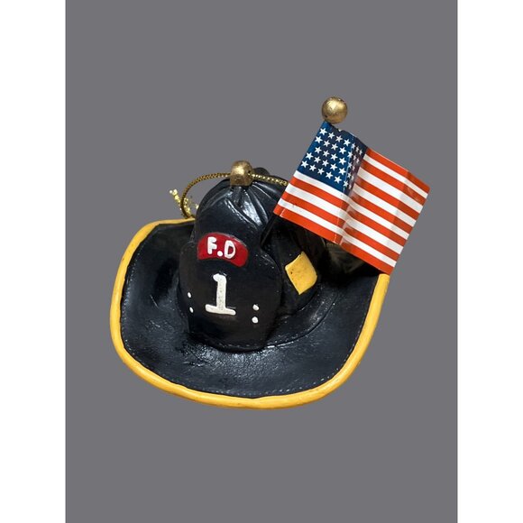 Firefighter Helmet Ornament With American Flag FD 1 Design Black & Yellow Resin - Picture 5 of 11